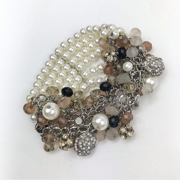 Taupe Blush Bead Rhinestone White Pearl Multi Strand Dangle Stretch Bracelet - Picture 6 of 9